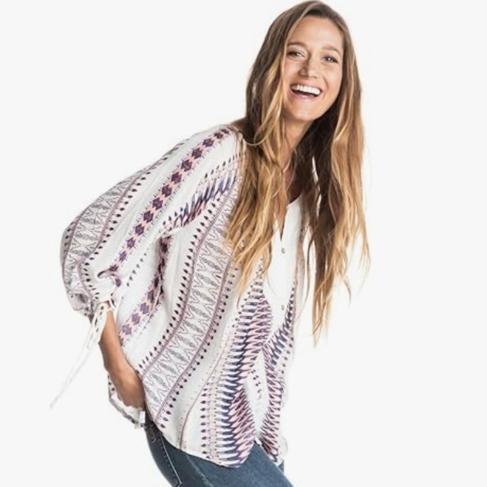 Roxy Womens Uptown River Long Sleeve Boho Tribal Shirt / Tunic sz Medium